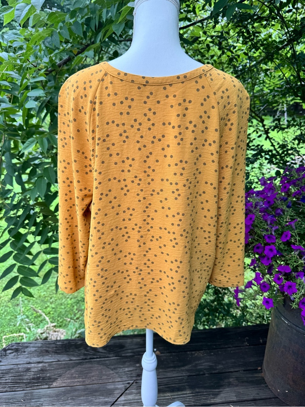 Mustard Polka Dot Tie Neck Peasant Blouse Large XL - Picture 5 of 6